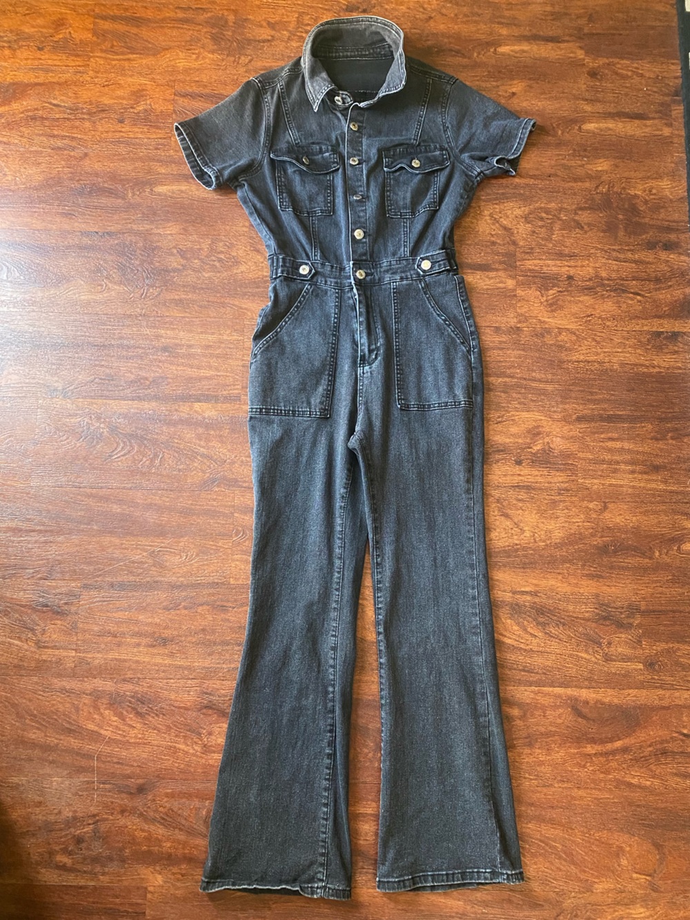 Women’s Black Denim Jumpsuit Jeans - Short Sleeve Utility Style